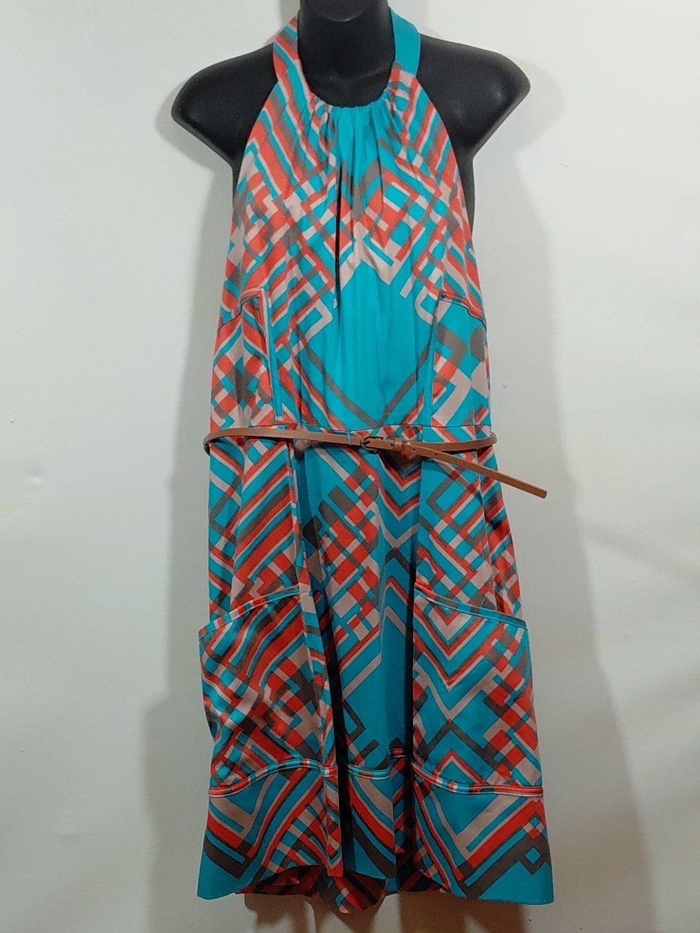 Jessica Simpson Sleeveless Geometric Halter Dress in Teal and Coral Size 14